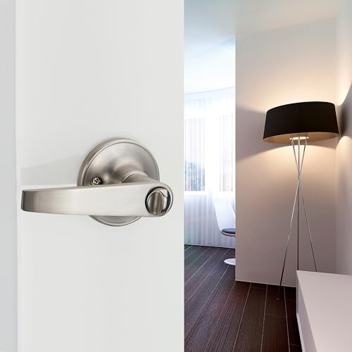 1 Pack of MANREN Lever Bathroom Door Lever Handle Lock, Universal Door Knob Hardware,Nickel Brushed Color (MR802bk) - color: Nickel Brushed, style: Bathroom