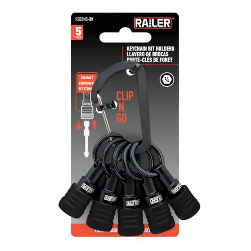 RAILER 5pk 1/4 Inch Hex Bit Holder Key Chain w/Quick Release & Carabiner - color: Black
