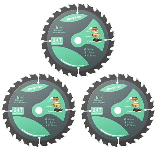 𝟮𝟬𝟮𝟲 Upgraded 3 Pack 6-1/2 Inch 24T Circular Saw Blades Fine Finish with 5/8" Arbor ATB Framing Saw Blades for Cutting Softwood Hardwood Laminate Plywood Chipboard Panels FRP MDF by puxyblue