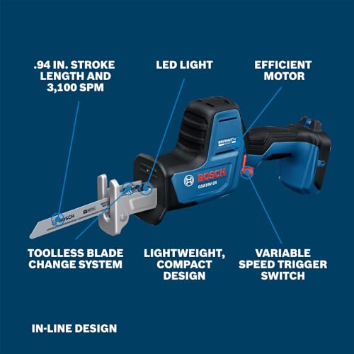 BOSCH GSA18V-24N 18V Compact Reciprocating Saw - Lightweight Design, Tool-Free Blade Change, Variable Speed Control for Efficient Cutting (Bare Tool)