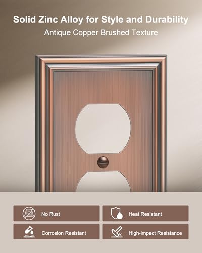 2-Pack Zinc Alloy Single Duplex Outlet Cover Plate, Solid Receptacle Cover - color: Antique Copper, size: 1 Duplex 2PK