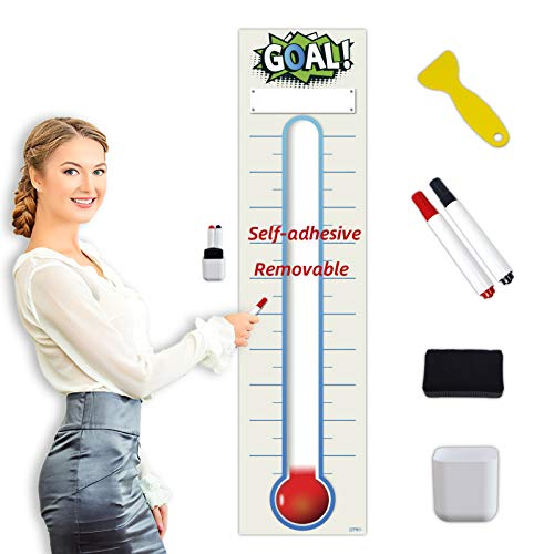 Fundraising Thermometer Chart Goal Tracker Decal - 48"x12" - Dry Erase Goal Setting Wall Poster Thermometer - Removable Giant Sales Goal Vinyl Sticker (Blue) - color: Blue