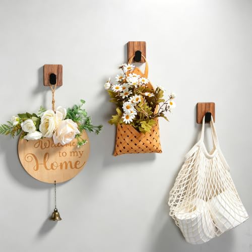 DELITON Rustic Style Hanging Towel Hooks - Decor Adhesive Wood Wall Hooks