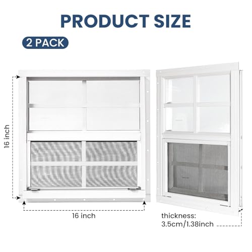 2 Pack Shed Windows, Chicken Coop Windows, 16" x 16" White - color: White, size: 16" x 16"