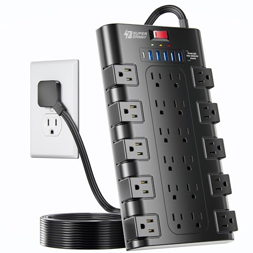 SUPERDANNY Flat Plug Power Strip Surge Protector, 6.5Ft, 22 AC 6 USB, 2100J - color: Black, size: Flat Plug - 6.5 ft