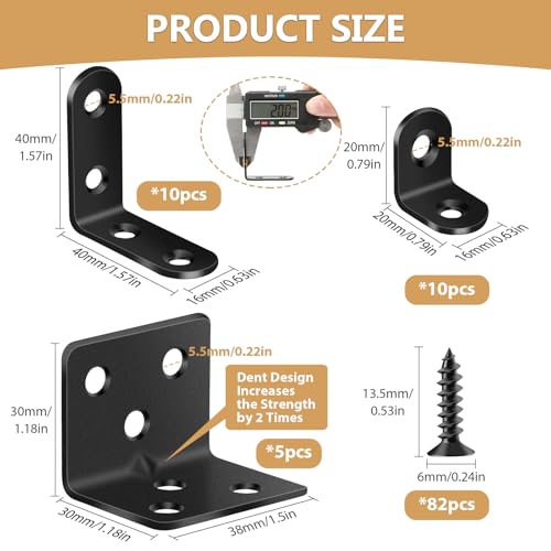 MAPVOLUT 25Pcs L Brackets for Shelves, 3 Sizes Angle Corner Braces Metal L Bracket Heavy Duty for Wood, Sturdy and Rustproof for Repairing Furniture with 82Pcs Screws Mounting Bracket Easily Black - size: 3 SIZE Black