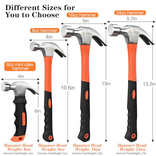 8/16/24oz Straight Rip Fiberglass General Purpose Claw Hammer - size: 1pcs 8oz