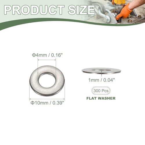 Flat Washers, 304 Stainless Steel Hardware Assorted Washer, 10 x 4 x 1 mm Fit for Bolts Screws Industrial Use (300 Pack, Silver) - size: 10 x 4 x 1 mm