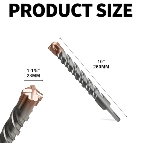 SDS Plus Rotary Hammer Drill Bit, 1-1/8"×10"（28mm×260mm） - 4 Carbide Cutting Edges & Coated Head | Heavy-Duty for Masonry, Concrete, Natural Stone, Brick Walls - size: 1-1/8"×10"（28mm×260mm）