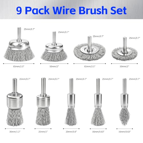 Wire Brush for Drill 9 Pcs Set with 1/4 Inch Shank for Rust - size: 9PCS