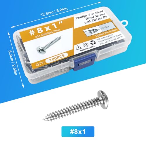 100PCS #8 x 1 Wood Screws, Pan Head Stainless Steel Sheet Metal Screws, Fast Self Tapping Screws for Deck Drywall Concrete Screws with Screwdriver Bit - style: Silver #8X1" Pan Head 100PCS