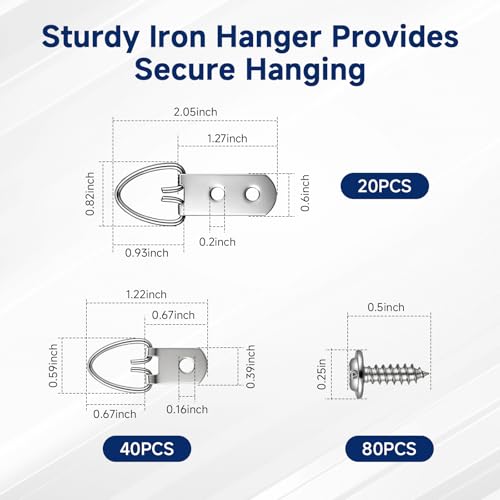 (2 Sizes, 140 PCS) D-Ring Picture Hangers Kit, 40 Single Hole & 20 Double Hole Hangers with 80 Screws, 50 lb Load Heavy Duty Picture Hanging Hardware for Picture Frame Mirrors Canvas (Silver) - size: Silver