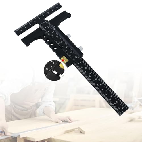 T Shaped Wood Workings Scriber for Carpenter Layout and Measuring, Precision Woodworking Ruler Scribing Tool, Black Accessories Slide Ruler Marking Measuring Gauge, with Fine Tuning