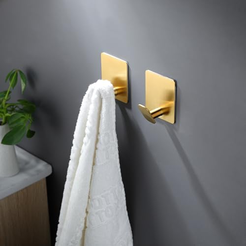 DELITON Gold Towel Hooks- 4 Pack Adhesive Hook for Coat Robe Clothes Stick on Bathroom Wall Brushed Gold Finish Heavy Duty, Stainless Steel - color: Gold-4