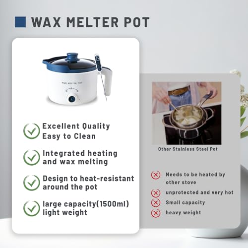 KQU Wax Melting Pot with Thermometer, Electric Wax Melter for Candle Making with Spout 1.5Qt, Small Double Boiler Pot Set for Beginner Adults - size: Wax Melting Pot Kit 2pcs
