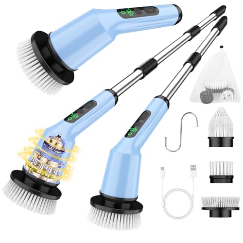 Electric Spin Scrubber for Bathroom, Shower Scrubber with Long Handle - color: Sky, size: 3 Brush Heads