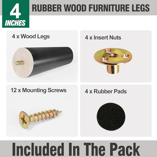 FoDau770 Rubber Wood Legs 4", Slant Taper, 5/16"-18 Thread, Black, 4pcs | Wood Couch legs - Mid Century Sofa Legs - Furniture legs Replacement for Cabinet Dresser Chair Ottoman - color: Black, size: 4 Inch - Slanted (80°)