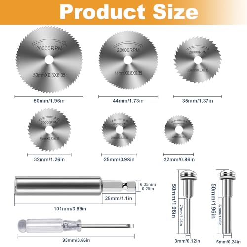FOTYBEl Cutting Wheel for Drill, Rotary Tool Cutting Discs with 6pcs Steel Saw Blades, 1pc 1/4" Hex Long Shank, 1/4" Round Shank, 2pc 1/8" Round Shank, for Cutting PVC Pipe Wood Plastic Soft Metal - style: Long Shank+Screwdriver
