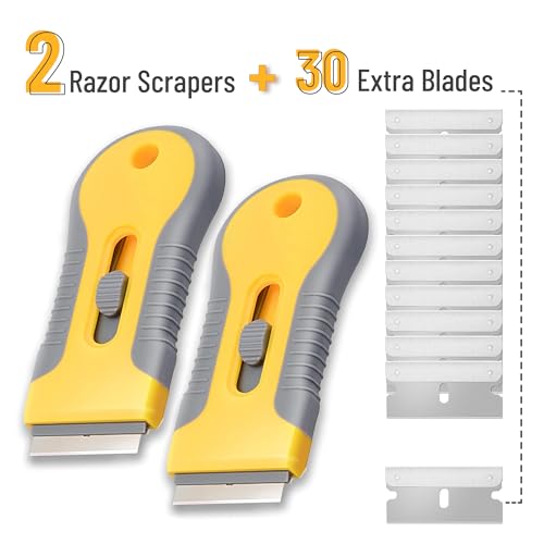 Bates- Razor Blade Scraper Tool, 2 Pack, 30 Extra Carbon Steel Blades, Anti-Slip Ergonomic Handle Design, Razor Scraper Set for Cleaning Window, Paint, Oven, Glass, Stove - color: Yellow and Gray