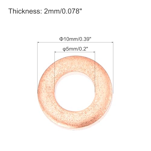 MECCANIXITY 52 Pcs Flat Copper Washers, 5x10x2mm Copper Upgraded Flat Metric Sealing Crush Ring Washers for Hydraulic Fittings Screw Bolt Nut Electronic Repair - size: 5x10x2mm
