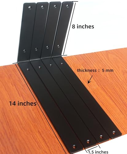2 Pack - L 14" x H 8" x W1.5, 5mm Thick Black L Shelf Bracket, Iron Shelf Brackets, Metal Shelf Brackets, Floating Shelf, Shelf Supports with Screws - size: 14''x8'', style: Black 2 Pack