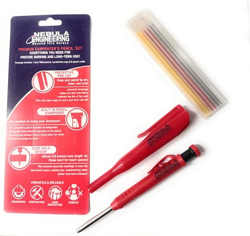 Nebula Engineering Premium Carpenter’s Pencil Set – Built-In Sharpener, Protective Cap, and Deep Hole Design for Precise Marking in Woodworking, Construction, and DIY Projects