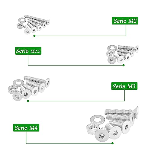 Metric 1000 Pieces M2 M2.5 M3 M4 Flat/Countersunk Head Socket Cap Screws 304 Stainless Steel Cap Bolts/Screws Nuts Washers Assortment Kit with 4Pcs Hex Wrenches - size: sllver 1000pcs hex flat haed cup screw