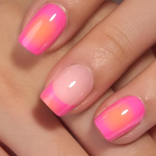 CurvLife Medium Square Chrome Press On Nails, Neon Hot Pink, Soft Gel - color: French nails