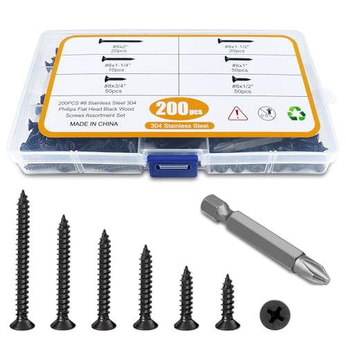 200PCS #8 Black Wood Screws Assortment Kit, 304 Stainless Steel Screws, Drive Sheet Metal Self Tapping Screws with Screwdriver Bit, 6 Sizes (2”,1-1/2”,1-1/4”,1”,3/4”,1/2”) - style: Black #8 Flat Head Set 200PCS