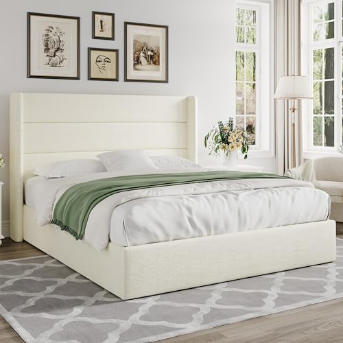 Allewie Full Size Chenille Lift Up Hydraulic Storage Bed Frame Cream White - color: Cream White, size: Full, style: Modern