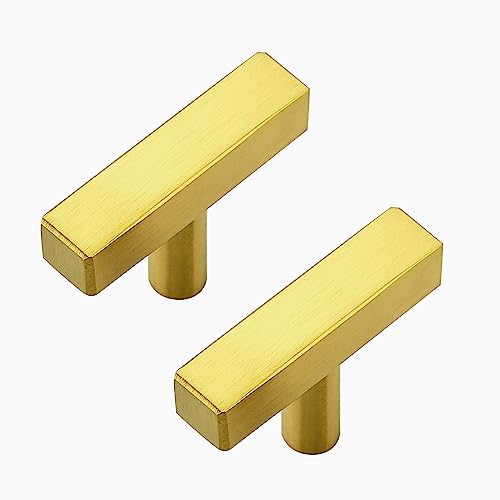 5 Pack Brushed Brass Cabinet Knobs, 2in Length T-Square Bar Drawer Pulls | Single Hole Grip, Stainless Steel Build, Kitchen Cabinet Restyle, For Drawers, Dressers, Cupboards, Closet Doors - color: Brushed Brass, size: 5 Pack, style: Sqaure Bar