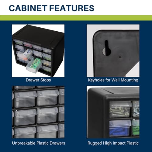 Akro-Mils 16-Drawer Plastic Cabinet for Garage Organization, Beads, Makeup Organizer, Building Bricks Storage, Teacher Toolbox, 10-1/2" W x 6-1/2" D x 8-1/2" H, 10716 Black (Pack of 4) - size: 16 Drawer (Pack of 4)