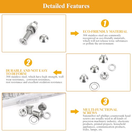 245 Pieces M5 Machine Screws Nuts Washers Set, Sutemribor M5 x 6/8/10/12/16/20/25mm Phillips Countersunk Head Machine Screws Nuts Washers Assortment Kit, 304 Stainless Steel, Fully Threaded - size: M5, style: Phillips Countersunk Head