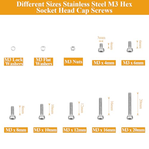565 Pieces M3 Screws Nuts Washers Set, Sutemribor M3 x 4/6/8/10/12/16/20mm Hex Socket Head Cap Screws Nuts Washers Assortment Kit, 304 Stainless Steel, Fully Threaded - size: M3, style: Socket Head