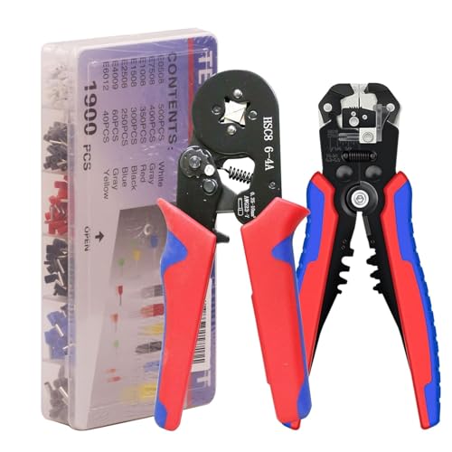 Wire Stripper and Crimping Tool, Automatic wire stripper for AWG10-24 (0.2-6mm2) coils, Self-Adjustable Ratchet Wire Ferrule Plier (6-4A) for AWG23-7 (0.25-10mm²) Terminals and 1900PCS Wire Terminals - size: Crimper+Stripper+1900pcs
