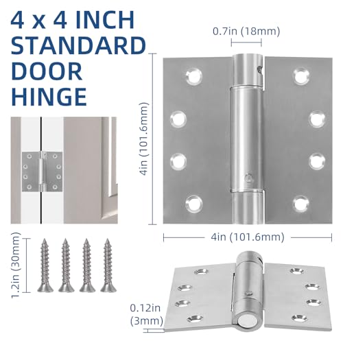 3 Pack Self Closing Door Hinges, 4 Inch Spring Loaded Hinges Adjustable Tension Spring Hinges with Square Corners, Heavy-Duty Door Hardware for Commercial and Residential Doors, Brushed Nickel