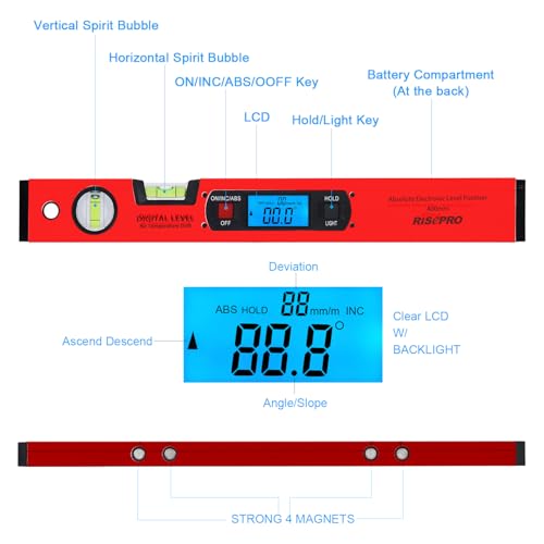 16-inch Digital Spirit Level and Protractor, Torpedo Level, Inclinometer Angle Gauge Finder Bubbles Magnetic Base with Backlight Red - color: Red