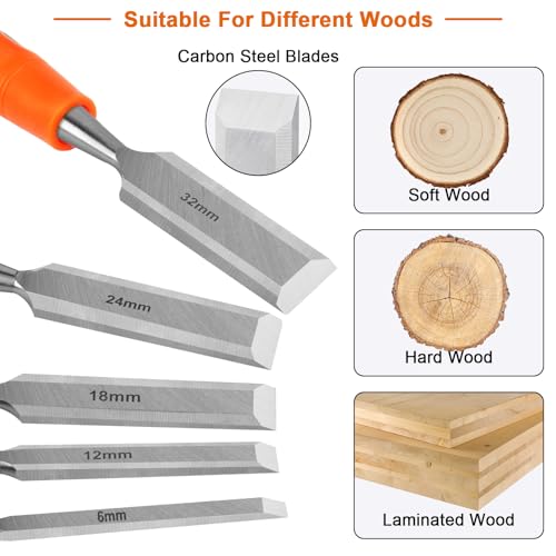 5 Piece Wood Chisel Sets Woodworking Tools Set, Wood Chisels for Woodworking with Steel Hammer End, Wood Tools Chisel Set Woodworking with Ergonomic Plastic Handle, 6mm, 12mm, 18mm, 24mm, 32mm - size: 5 Pack