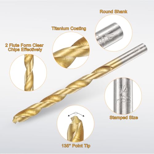 uxcell 12pcs Titanium Twist Drill Bit 1/4" Drilling Dia High Speed Steel Drills for Hardened Metal, Stainless Steel, Cast Iron, Wood, Plastic - size: 1/4 inch