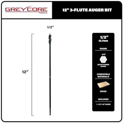 Greycore Tools 1/2 Inch x 12 Inch 3-Flute Auger Bit, Wood Drill Bit for Hard and Soft Wood, 1/4” Quick Change Shank, Woodworking Auger Bits (1/2” x 12” Auger) - size: 1/2" x 12", style: 12 Inch