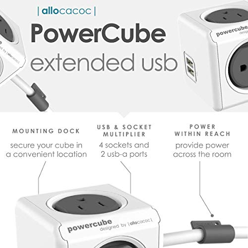 Allocacoc PowerCube Extended 4 Outlets 2USB, 5ft Power Strip Surge Protector 1875W 15A 125V 14AWG, No Blockage, Mounting Dock, Heavy Duty Travel Home Office Dorm Cruise Compact Space Saving, ETL - color: Grey