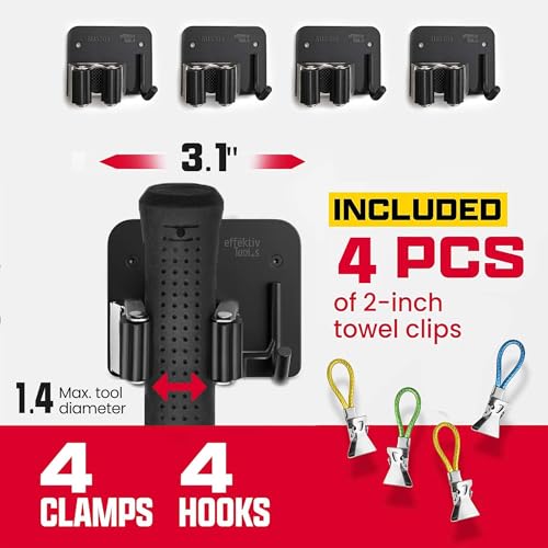 4 Pack Wall Mount Hanger for Brooms & Mops - Heavy Duty Adhesive SUS304 Stainless Steel Broom Holder with 1 Clamp, 1 Hook, & 4 Towel Hangers for Small Nooks & Utility Closet Organization - color: 4 Pack - 1 Clamp