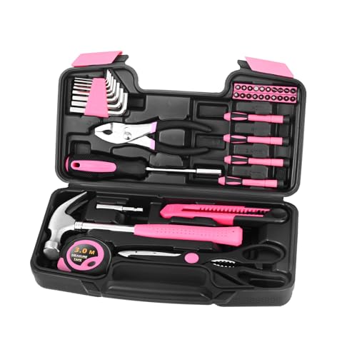 HANGYING 39-Piece Household Tool Set, Pink Tool Kit for Women with Toolbox - color: Pink