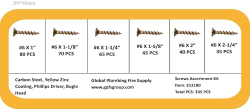 AKW Drywall Screws Assortment Kit #6 Wood Screws, 335pcs Carbon Steel, Yellow Zinc Coating, Phillips Driver, Bugle Head 6 Sizes 1",1-1/4" 1-1/8", 1-5/8", 2", 2-1/4"
