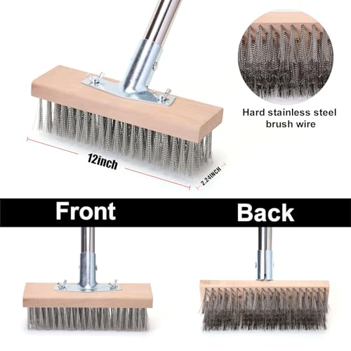 MAXMAN Wire Scrub Brush 2PCS, 63" Stainless Steel, Patio Floor Cleaning - size: With 2PCS 12-inch brush head