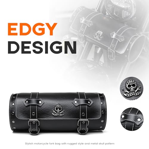 Rogierra 5.8L Universal Motorcycle Fork Bag - PU Leather Waterproof Tool Roll Bag with Metal Skull Design, Sissy Bar Handlebar Storage Saddlebag With Reinforced Straps, Black - style: Metal Skull Badge With Nails
