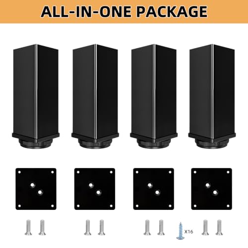 QLLY 4 inch Square Adjustable Metal Furniture Legs, Heavy Duty Black Cabinet Feet with Leveling Pads, Set of 4 for Sofa, Couch, Ottoman, Cabinet and Shelf Replacement - color: Black, size: 4 inch