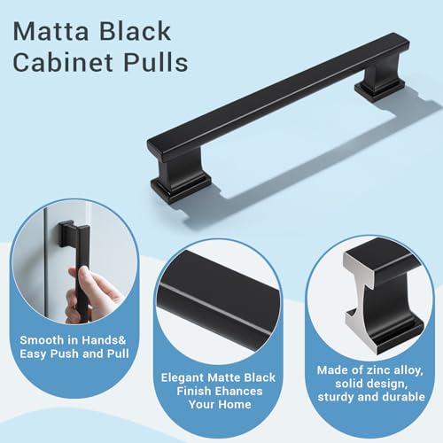 KNOBWELL 6 Pack Matte Black Solid Cabinet Pulls 5 Inch(128mm) Hole Center Kitchen Cabinet Handles,Cabinet Hardware for Cupboard Drawer Pulls - color: Matte Black, size: Hole Center：5 inch（128mm）