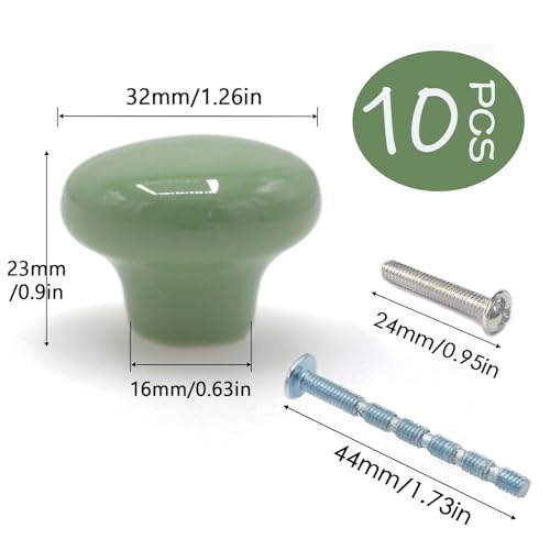 10-Pack Ceramic Cabinet Knobs Green 32mm Round Drawer Pull - color: Green