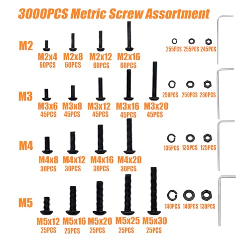3000PCS Metric Screw Assortment, M2 M3 M4 M5 Screw Assortment, Metric Machine Screws Kit, Hex Button Head Cap Screws and Nuts & Washers Kit, Screw & Bolt Assortment Sets, Grade 10.9 Black Alloy Steel